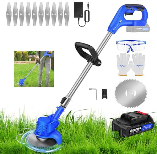 Cordless Strimmer With Battery and Charger - 21V Lightweight Battery Grass Strimmer With 10Pcs Blades, Garden Lawn Trimmer Height Adjustable, Electric Grass Trimmer For Garden Clearing Weeds Trees
