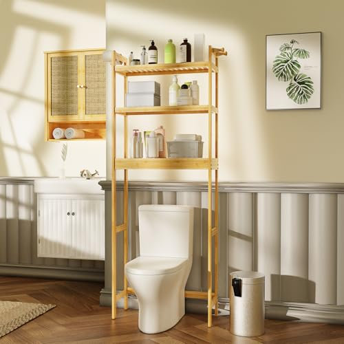 unho Scaffale Mensola per Lavatrice: Bagno Mobile Sopra WC in Bambù Portaoggetti Ripiani Regolabili Salvaspazio Scaffalatura per Lavatrice 63x26x170 cm