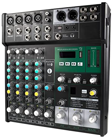 Professional DJ Mixer, 8 Channel Digital Audio Mixer Amplifier Stereo Sound Mixing Console Bluetooth USB for PC Party Studio Recording