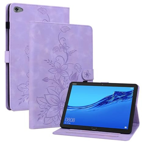 Rosbtib Hülle für Huawei MediaPad M5 LITE 10/ C5 (10,1 Zoll), Multi-Winkel Betrachtung Kunstleder Schutzhülle mit Kartenfächer Cover Lilien-Muster, Lila