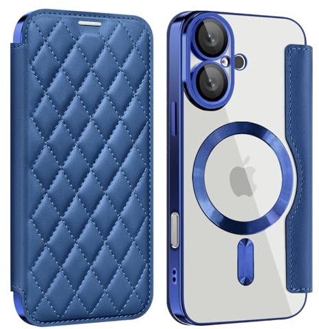 ZQYFCDZ Magnetiskt fodral för iPhone 16 med RFID-blockering, kreditkortshållare, PU-läder, stötsäker repbeständig transparent baksida, blå