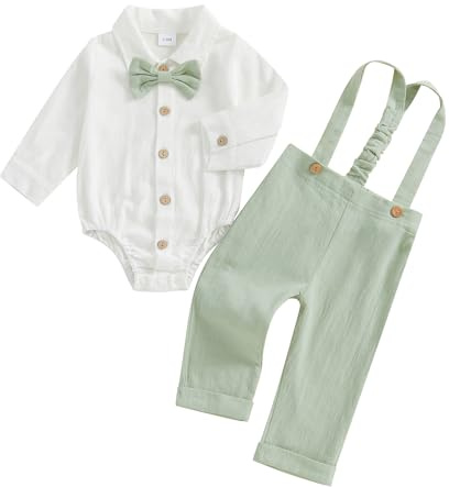 MAHUAOYIXI Baby Jungen Gentleman Anzug 0-18M Langarm Reverskragen Knopfleiste Strampler Hemden mit Fliege und einfarbige Hosenträger Hose 2-teiliges Set Kleidung für Kleinkinder Jungen, grün, 0-3