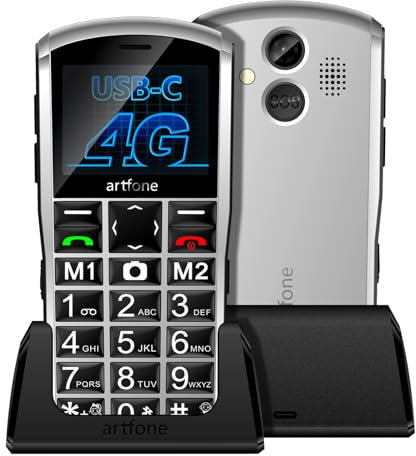 artfone A400 4G Seniorenhandy ohne Vertrag | Dual-SIM, SOS Notruftaste, Ladestation, Kamera, Kurzwahl | Einfaches Handy mit 2,4-Zoll-Farbdisplay, Deutsche Menüführung, Große Tasten & Schrift (Silber)