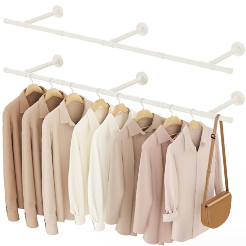 YheenLf Kleiderstange Industrial, Kleiderschrank, 2 Stück, 150cm, Beige | Garderobenstange Wandmontage, Platzsparenders Kleiderstangen, Küchenregal wand, Einfache Montage, Wandhalterung Kleidung