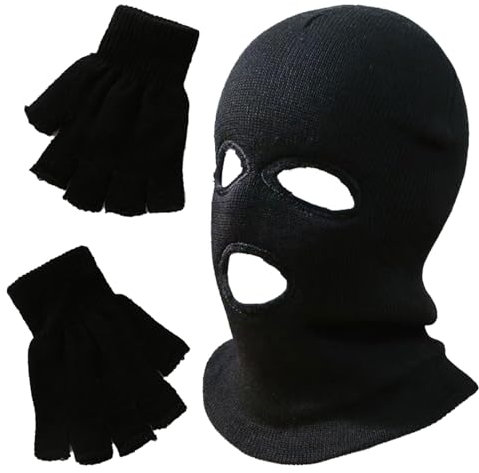 AYNKH 3-Hole Full Face Balaclava Black Winter Mask Unisex Windproof Neck Warm Knitted Mask Thermal Cover for Men Women Outdoor Sport Riding Ski with Half Finger Gloves