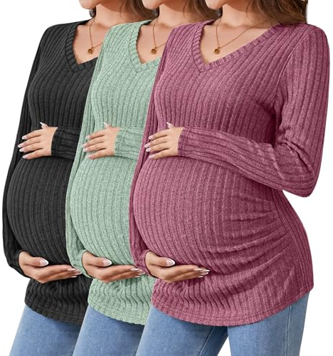 Ficerd 3 Pack Women's Maternity Shirts Ribbed Long Sleeve Pregnancy Tops V Neck Knit Side Ruched Pregnant Clothes Sweater(Wine Red, Green, Black,M)