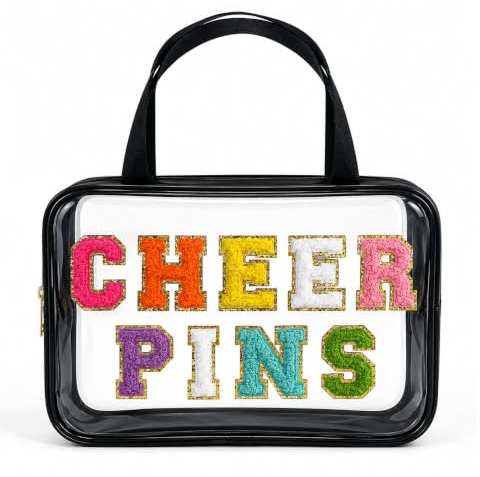 CHEER PINS Bag – Clear Cheerleading Competition Pin Peg Bag with Multi-Colored Chenille Letters, Gold Zipper & Hand Strap, Stadium Approved Purse