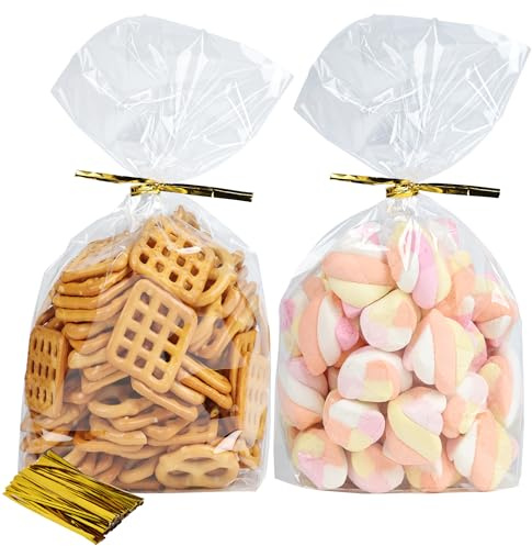 BTSD-home 50Pcs Clear Cellophane Bags Small Cookie Bags Flat Bottom with Twist Ties for Sweets Candy Gift Party Favours(6x9x2.4 Inches)