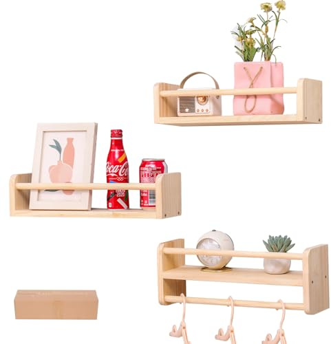 Wall mounted multifunctional storage rack, natural pine kindergarten bookshelf, furniture decoration rack, children's room floating bookshelf, bathroom, kitchen seasoning bracket (3-piece set)