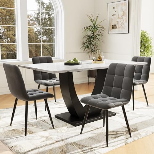 DRIXNO Esstisch-Set (5 Teile), mit 4 Stühlen, U-förmiger Design-Küchentisch, Schwarze Beine, Weiß Marmorierte Tischplatte, Graue Samt-Esszimmerstühle