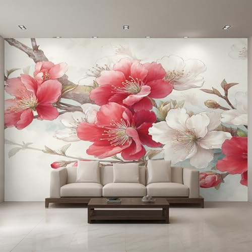Generico Carta da Parati Fiore di Pesco, 150X105cm, Carta da Parati Tessuto Non Tessuto Fiore Rosso Fiori, Camera da Letto Decorazioni Parete Soggiorno Decorazione Cucina Décor EL&D58