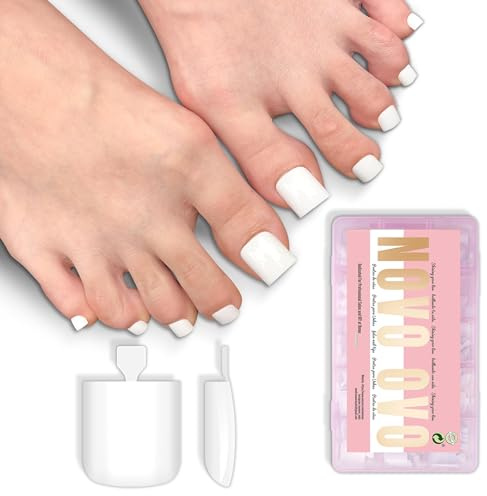 NOVO OVO Fußnägel zum Aufkleben Weiß Square - 240 Stk. Soft Gel Press on Nails Fuß, White Nagel Tips für Pediküre, PMMA Kunstnägel Set Full Cover (15 Größen, Gerade Form）