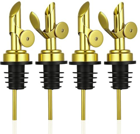HSUYUN 4 Piezas Vertedores de Botellas, Vertedor de Aceite de Oliva Acero Inoxidable 304, Dorado Boquillas para Botellas de Vino con Tapa de Apertura y Cierre Automático, para Aceite, Vinagre, Vino