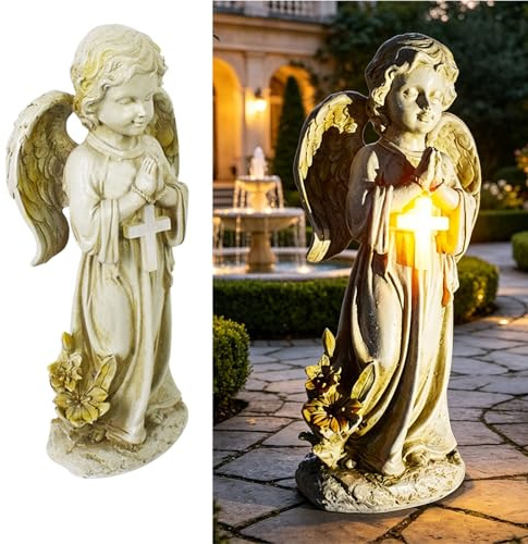Solar Engel Gartenstatuen, Betende LED-Schutzengel-Figur mit Solar Laterne, LED Fairy Engel Figur, Engel Skulptur Deko Rasen, Grabschmuck Wetterfest für Friedhof Hof Rasen Outdoor Gartendekoration