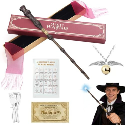 Dumbledore Baguette magique lumineuse Dumbledore de 38 cm, charge USB, baguette magique sculptée à la main dans un coffret cadeau, carte de sort, ticket de station et collier