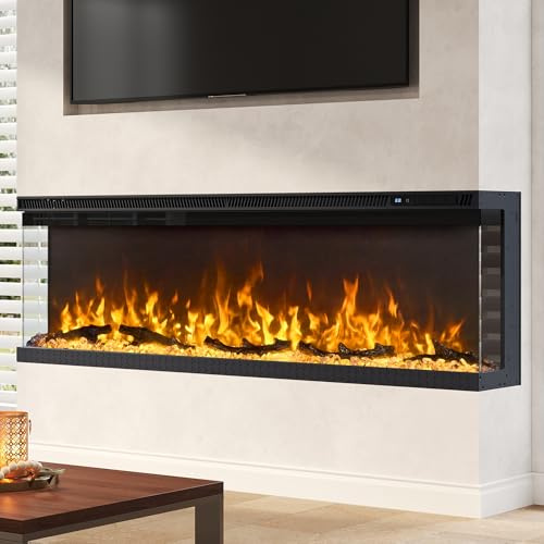 LUXOAK 101.8 CM/40 Inch Electric Fireplace, Wall Mounted, Recessed, Freestanding, 3-Sided Viewing, 12 LED Flame Colours, Crystal & Log Fuel Bed, 900W & 1450W Heater, Overheat Protection, Black