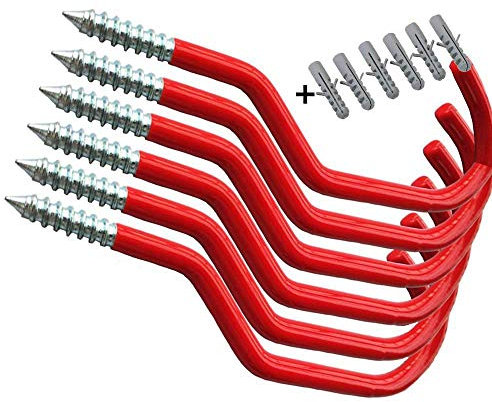 AIYoo Bike Hooks,Heavy Duty Bicycle Storage Hooks Set,Screw-in Utility Storage Hangers Shed Garage Garden Hook Plastic Coated Wall Mounted/Ceiling Red Pack of 6 for Mountain/Road Bikes