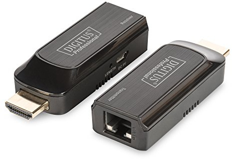 DIGITUS Kit de extensor Mini HDMI – Full HD 1080p 60 Hz | 50 m mediante cable LAN a partir de Cat 6 – Kit compuesto por emisor y receptor – HDCP 1.2a, audio LPCM