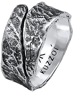 Kuzzoi 0604832121 Anello da uomo in design effetto usato, anello a fascia massiccio, larghezza 12 mm, in argento sterling 925, anello in argento martellato, anello da motociclista, taglia 20-26