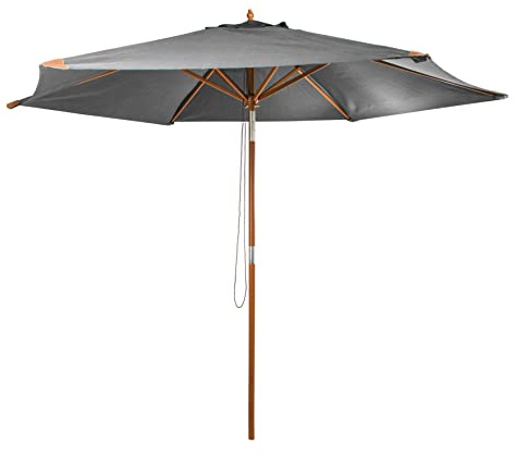 habeig Sonnenschirm Marktschim 300 cm aus Holz mit UV 50+ und Ledertaschen an den Enden 3m mit 6 Rippen (Grau)