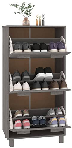 Gecheer Schuhschrank, Schuhkipper mit 3 Klappen, Schuhkommode Massivholz Kiefer Hellgrau 59,5x35x117 cm