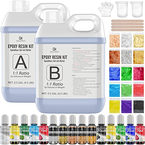 Epoxidharz Set Anfänger - 3.8L / 4.2kg Glasklar Epoxy Resin Gießharz mit Alkohol Tinte, Metallic Ink, Harz Farbe, Mica Powder Pigment, Goldfolie, Gusszubehör für DIY Harz Handwerk,Schmuckherstellung