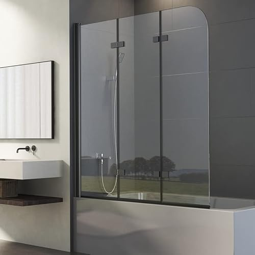 Duschwand für Badewanne 3-teilig 130x140cm Schwarz Dreifaltigkeitstür Duschtrennwand mit 6mm Nano Glas, Trennwand Faltbar Badewannenwand Sicherheitsglas Badewannenaufsatz Dusche