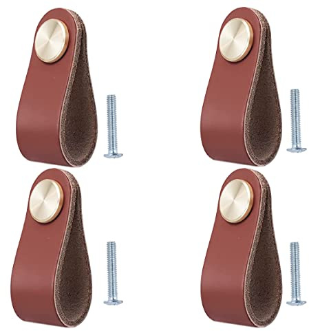 BOOLSFMAM 4 Stück Ledergriffe für Möbel,6.4 x 2.5 cm Handgemachte Griff Möbelknöpfe Leder Möbelgriffe,Schrank knöpfe,Schrankknöpfe für Küchenschränke, Kleiderschrank