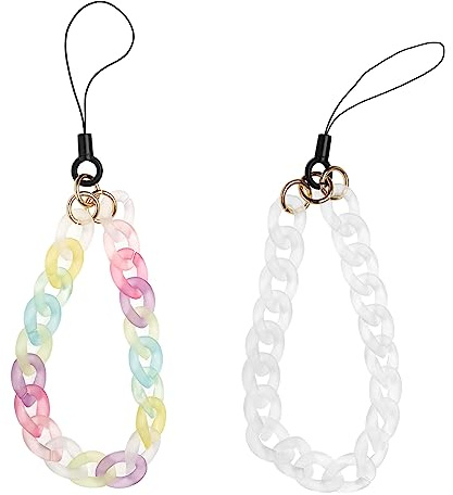 eMagTech 2PCS Phone Charm Acrylic Anti-Lost Phone Chain Lanyard Hand Wrist Strap Hanging Strap Bracelet for Keychains Wallet Handbag Decoration 24cm (Colourful & White)