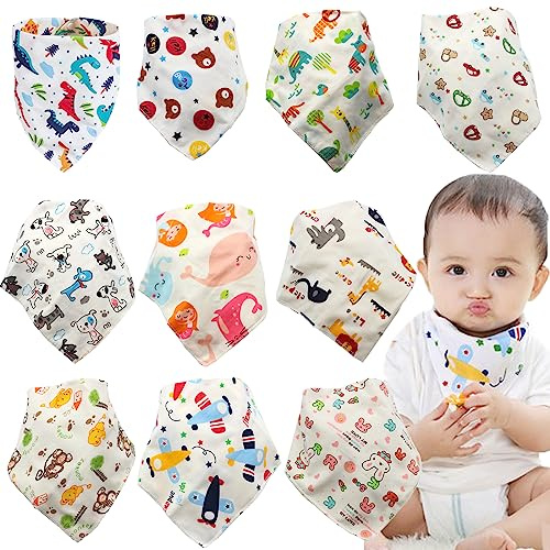 BSITSSS 10 stycken triangulära sjalar baby, haklappar mjuk och absorberande halsduk baby, dregelhaklapp baby med 2 justerbara tryckknappar, triangelhalsduk för småbarn, unisex, pojkar, flerfärgad, En