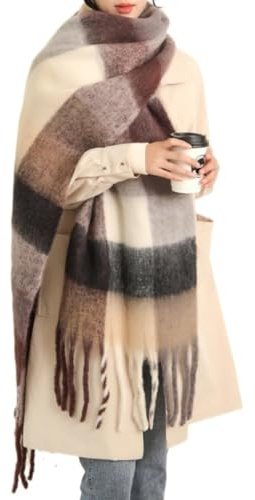 MININAI Sciarpe invernali spesse da donna per il freddo caldo lavorato a maglia spessa sciarpa scozzese lunga grande oversize sciarpe a quadri, Marrone, taglia unica