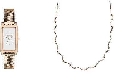 Skagen Hagen Damenuhr und Wellenketten-Halskette - DREI-Zeiger Uhrwerk, Rose-Tone Edelstahl
