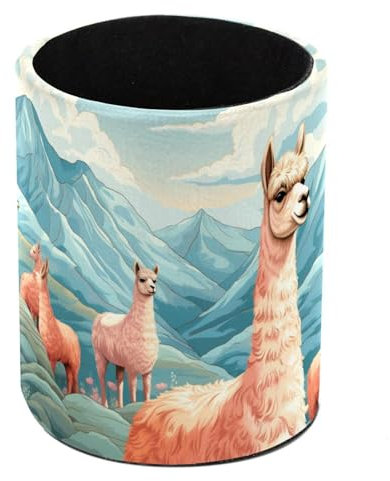 Alpakas Mountain Painted Standing Pencil Case, Cute Round Pen Holder Pouch Pencil Bag Makeup Brush Boxes for School Students Office Women Teens Girls Boys
