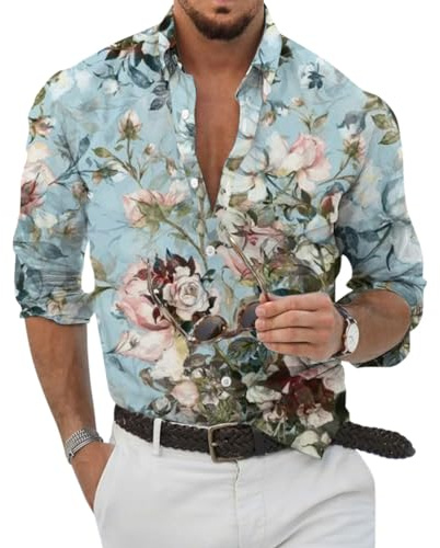 Oanviso Camicie Casual da Uomo Manica Lunga Camicia Hawaiana con Bottoni Funky Stampa Floreale Camicia Elegante Estiva Blouse Moda Camicie per Mare Spiaggia Vacanza A 15 S