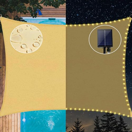 ABIUBIU wasserdichte-Sonnensegel 3x4m mit eingebauter LED-Solar-Lichterkette, 98% UV-Schutz, reiBfest, wetterfest, für Terrasse-Garten-Terrasse-Rasen（Beige）