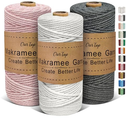 OurTop Corda Macramè 3mm Set, 3mm x 100m Filo Macrame Corda Macramè Filo Morbido Filato Macrame per Fai Da Te, Artigianato, Lavori a Maglia, Lavori Decorativi(Natura, Rosa, Grigio)