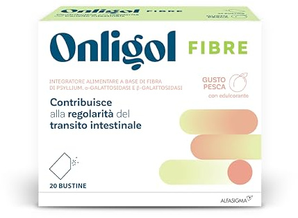 Onligol Fibre, integratore di fibra di Psyllium e Alfa e Beta Galattosidasi, aiuta a regolarizzare le funzioni intestinali e ritrovare sollievo, Prugna, 20 Buste da sciogliere gusto Pesca