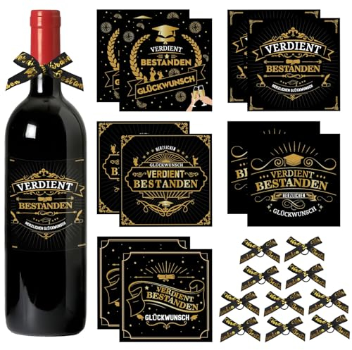 Lemicin Flaschenetikett Verdient Bestanden Geschenk - 10 Bestandene Prüfung Geschenk zum Abitur Bachelor Abschluss Ausbildung Bestanden Aufkleber mit Schleifen