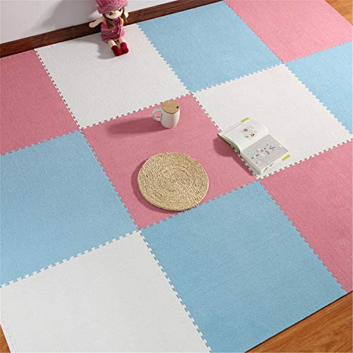 Schaumstoff-Spielmatte, Eva-Schaum-Puzzle-Plüschmatte mit Kanten – perfekt für Bodenschutz, Garage, Training, Yoga, Spielzimmer – Heimdekoration, weiß + rosa + blau, 18
