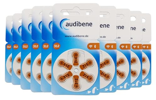 audibene Hörgerätebatterien Typ 312 braun, Batterien für Hörgeräte 60 Stück Vorratspack, Made in Germany, inkl. GRATIS Reinigungstuch, Wireless Approved, quecksilberfrei