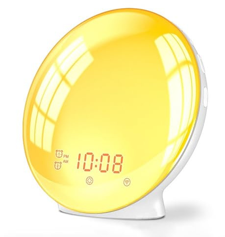 HAPUHOM Wake Up Light, Reloj Despertador con Simulación De Salida Del Sol, Doble Alarma Snooze Sleep Aid, White Noise Sleep Sounds Machine, Sunrise Lamp para Niños, Adultos