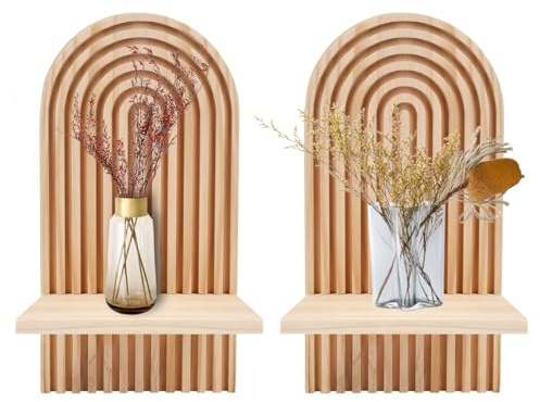 BlyeMichdi 2 st boho-trähyllor för väggdekoration, modern boho vägghylla båge flytande hylla, bohemisk hängande hylla visningsdekor, väggmontering bokhylla för vardagsrum
