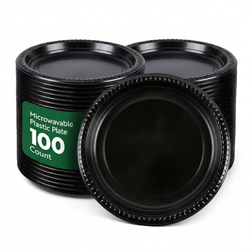 RW Base 10.4 Inch Microwavable Food Plates, 100 Round Plastic Plates - Disposable, Heavy-Duty, Black Plastic Dinner Plates, Serve Hot And Cold Foods, For Restaurants And Cafes - Restaurantware