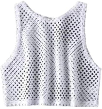 Top Corto con Apertura Sexy para Mujer, Camiseta De Malla, Tops Básicos Holgados De Moda para Mujer, Camisa De Rejilla De Verano,Blanco,l