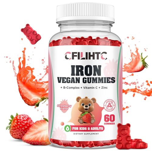 Iron Gummies for Kids, Women & Men, Iron Supplement with Multivitamin - Vitamin B Complex, C, B6, B12, Folate, Zinc for Anemia, Iron Deficiency, Blood Builder, Energy - Strawberry Flavor, Vegan 60ct