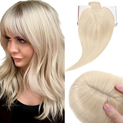Elailite Haartopper Extensions Frauen Toupet mit Bang 100% Remy Echthaar 7 * 13cm Basis Clip in Haarverdichtung #60 Platines Blond - 35cm