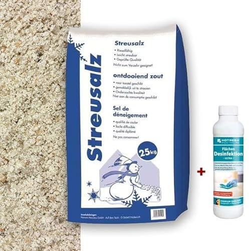 Hamann Streusalz 25 kg + HOTREGA® Flächen Desinfektion Ultra 250 ml - Langzeitwirkung bei dickeren Eis & Schneeschichten