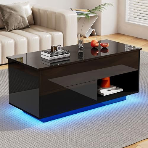 Merax Hochglanz LED Moderner Sofatisch Kaffeetisch mit Lift-Top, 100x50x55 cm, 1 Schublade, Höhenverstellbarer Couchtisch mit Beleuchtung Schwarz