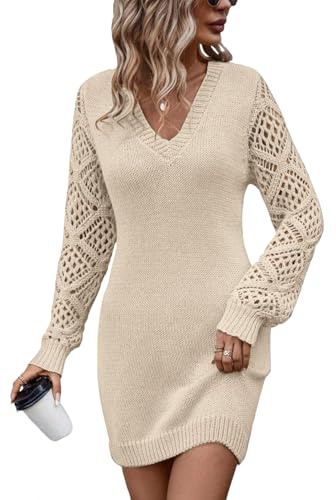 shownicer Robe Femme Hiver Robe Pull à Col en V Robe Casual Femme Robe Élégante en Tricot Mini Robe A Beige XL