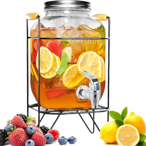 Duscdesp 4L Getränkespender mit Ständer mit Zapfhahn und Deckel, Wasserspender Glas mit Presse Hahn Saftspender Limonadenspender Kühlschrank Partys Spender für Saft, Wasser, Kalte Getränke